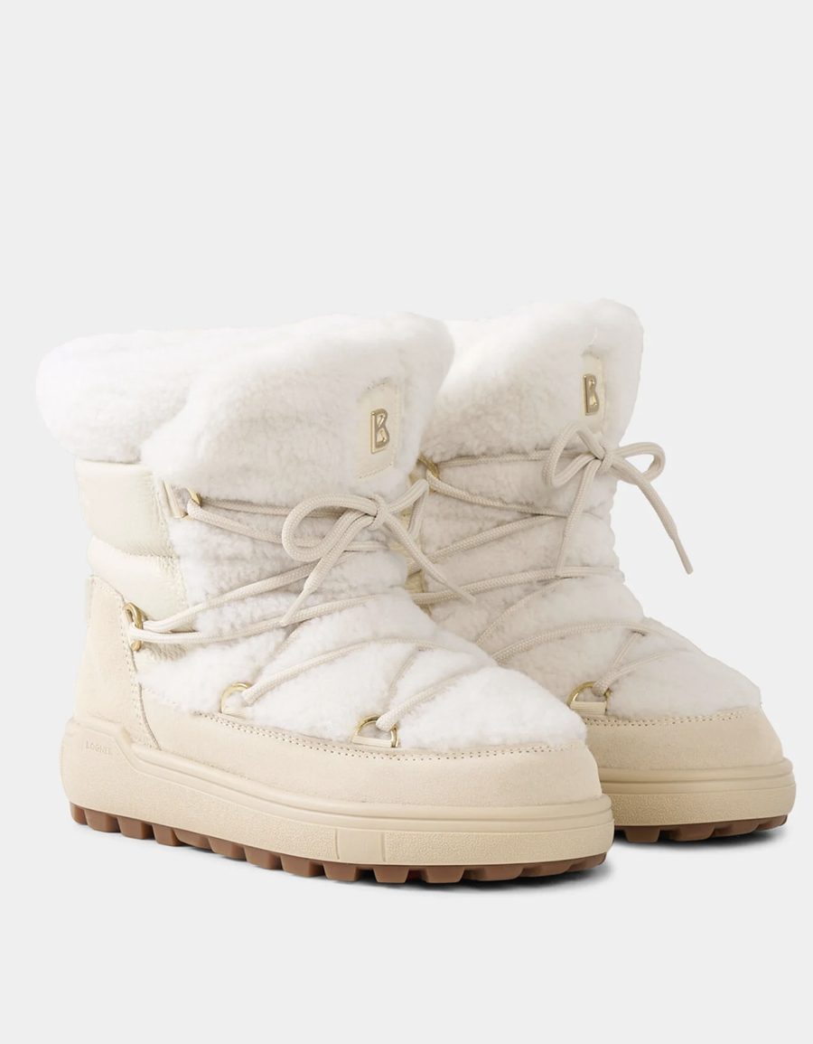 Bottes de neige blanc cassé en bouclette et daim, détails dorés