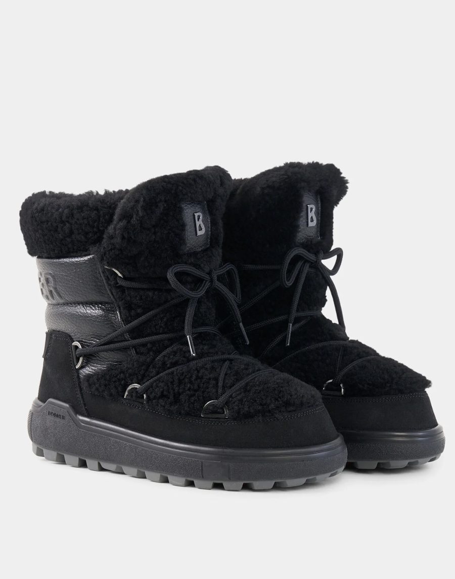 Bottes de neige noires en bouclette et cuir, laçage noué