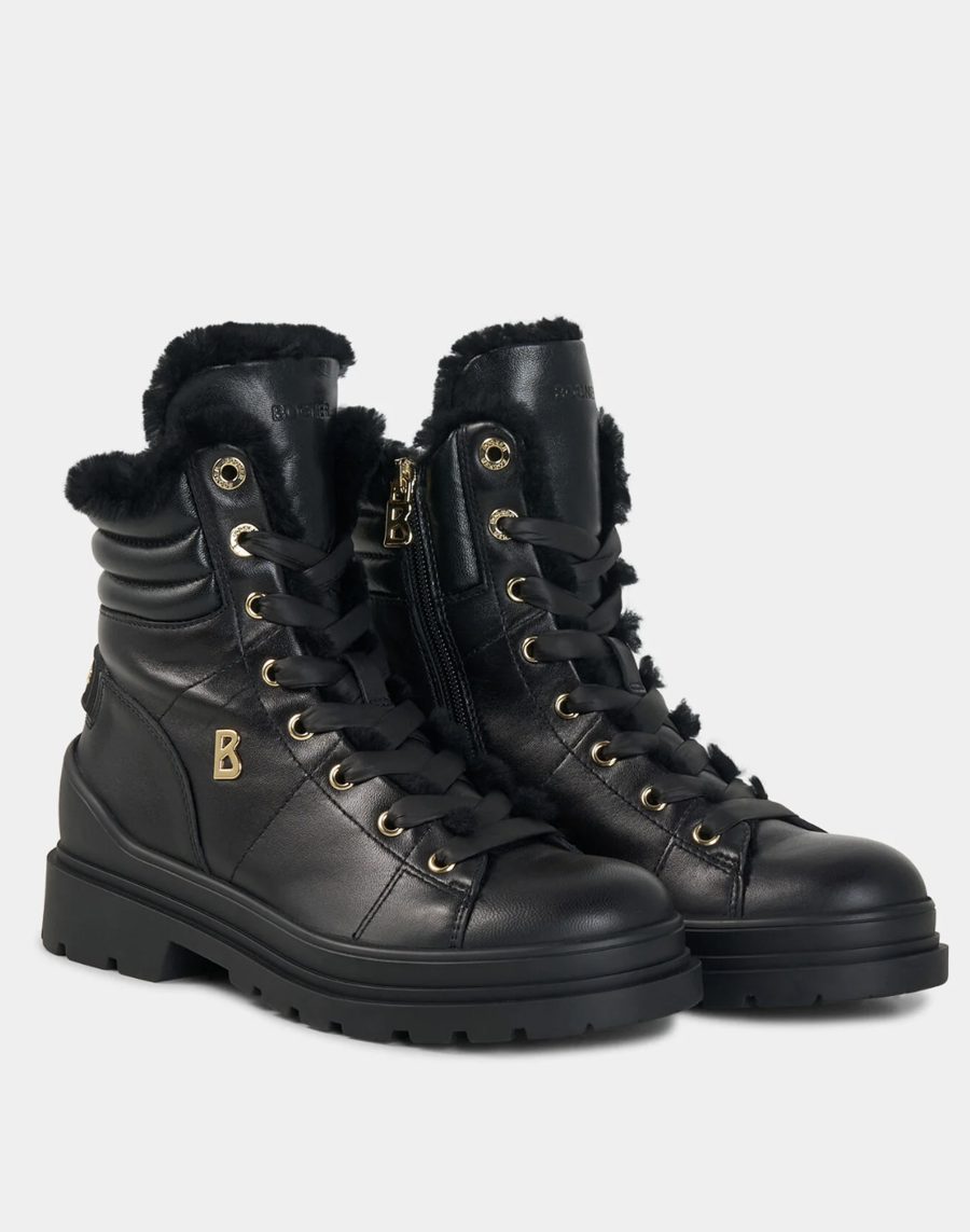 Bottes à lacets en cuir noir doublées, œillets et monogramme dorés