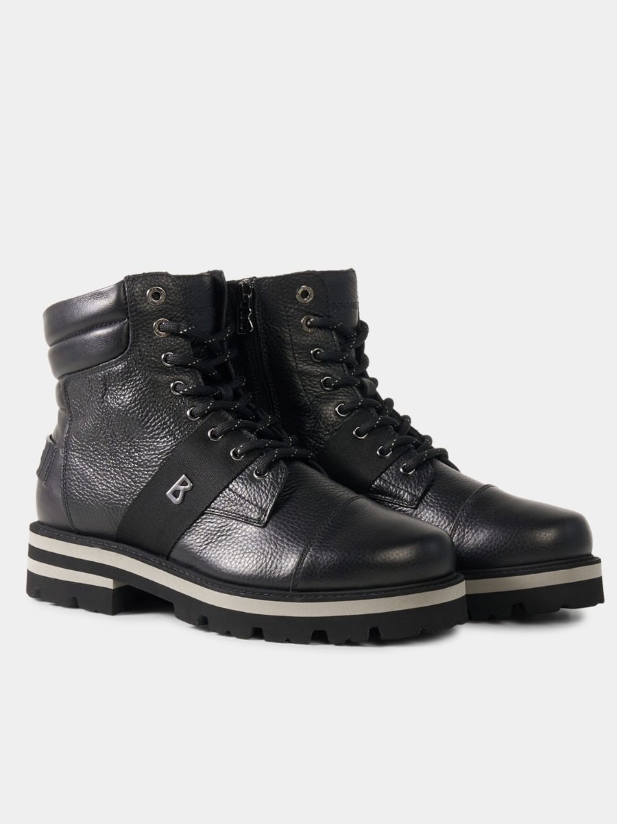 Bottes à lacets en cuir grainé noir, sangle siglée et semelle crantée rayée