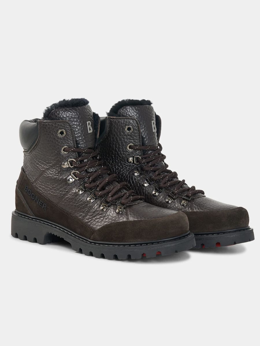Bottes de randonnée en cuir grainé et daim marron foncé, doublure douillette