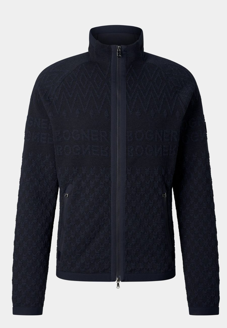 Veste zippée en maille jacquard bleu marine à motif siglé