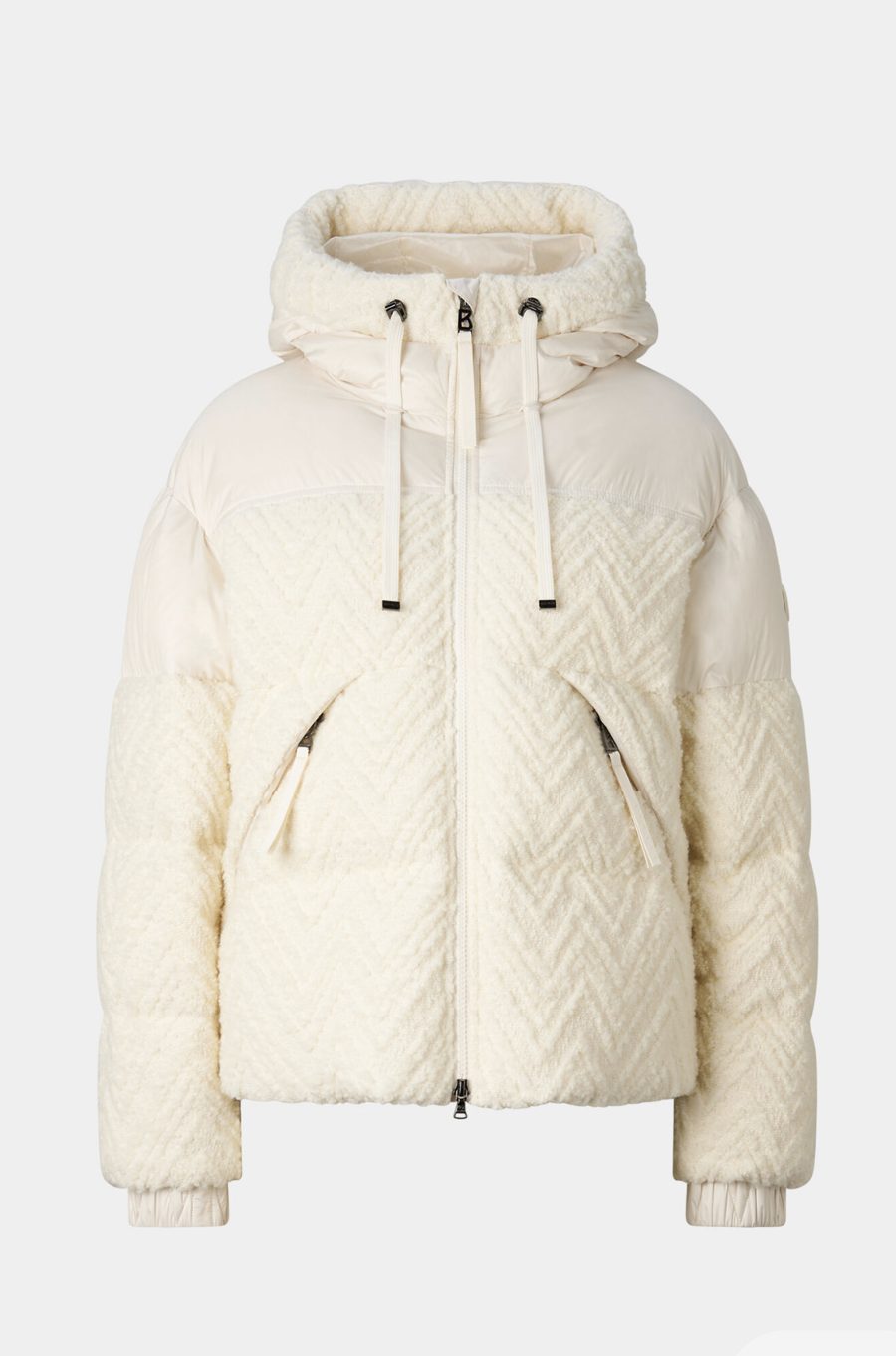Doudoune blanc cassé en bouclette à chevrons et capuche