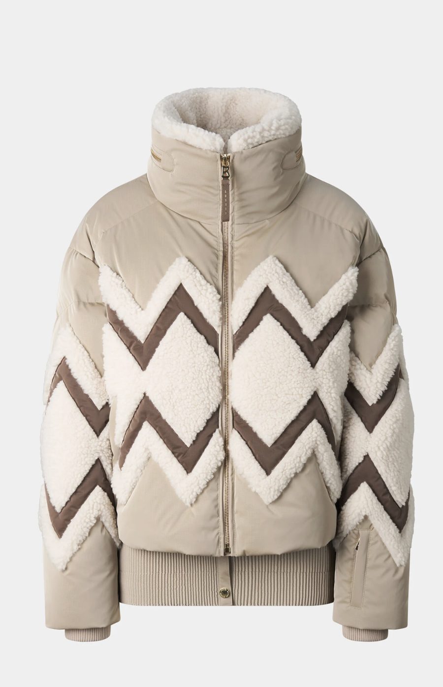 Doudoune beige à chevrons en bouclette écrue et bandes taupe