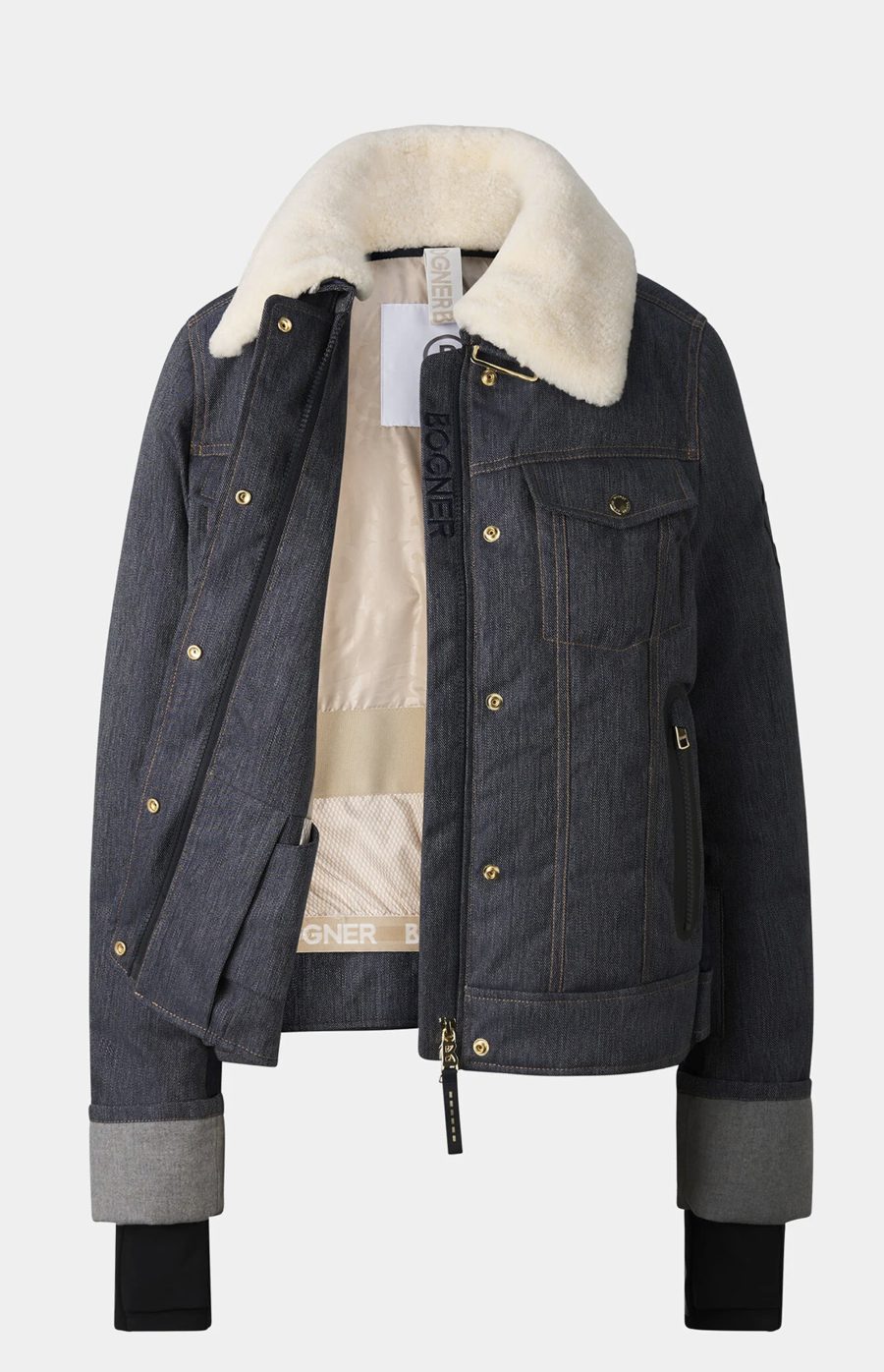 Veste de ski en denim brut à col en peau lainée et finitions dorées