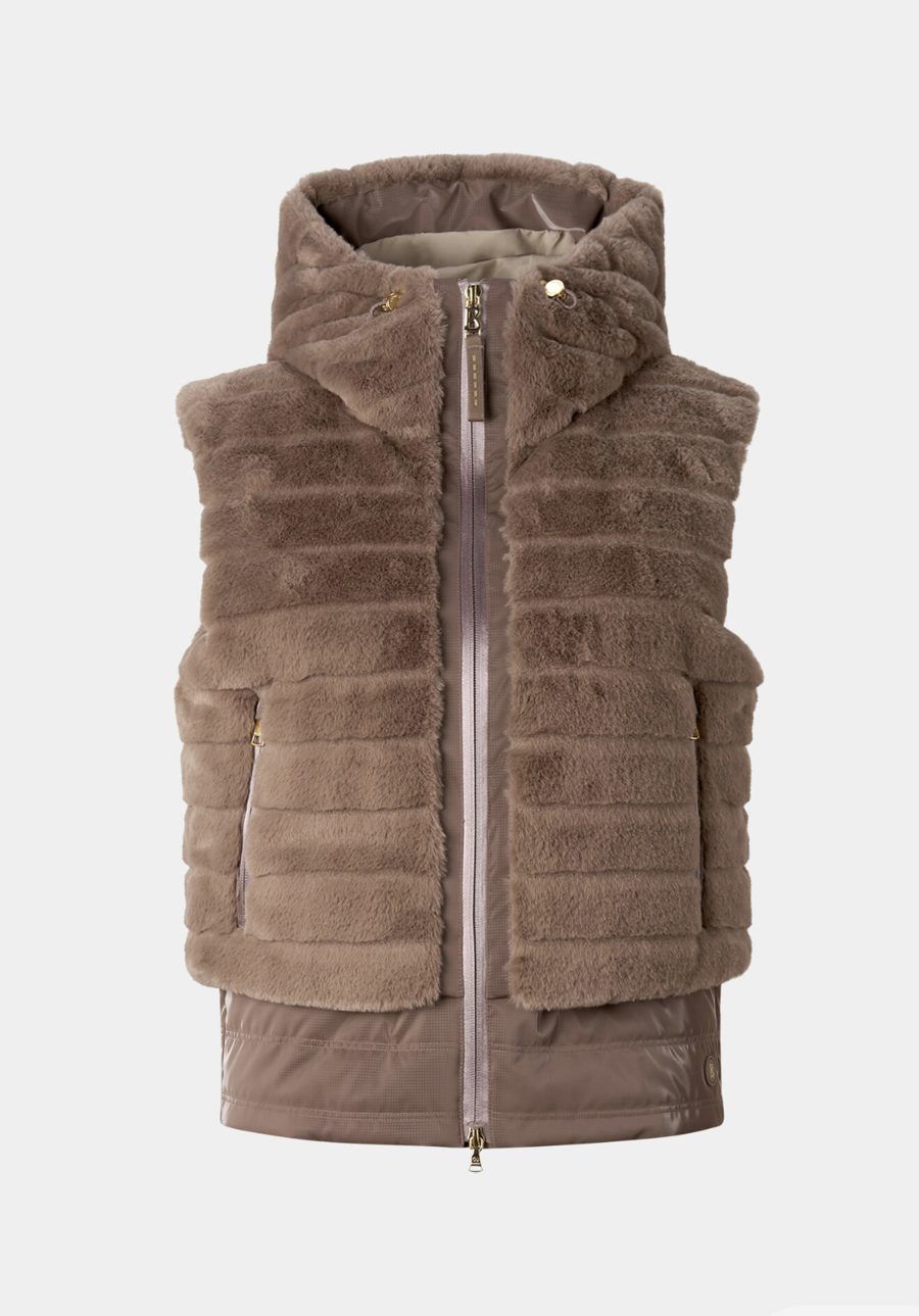 Gilet sans manches à capuche en matière douillette taupe