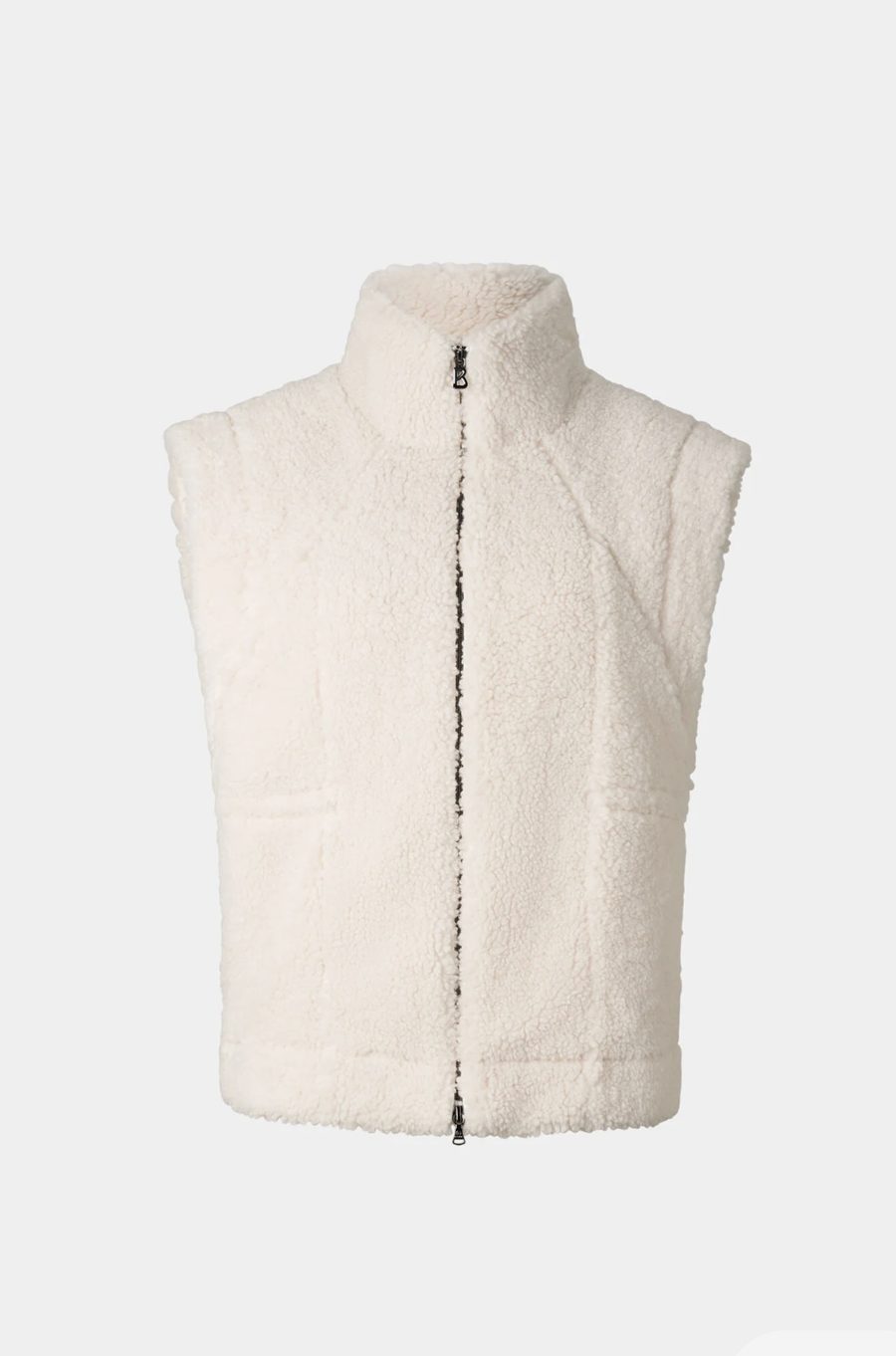 Gilet sans manches en teddy blanc cassé, zip siglé