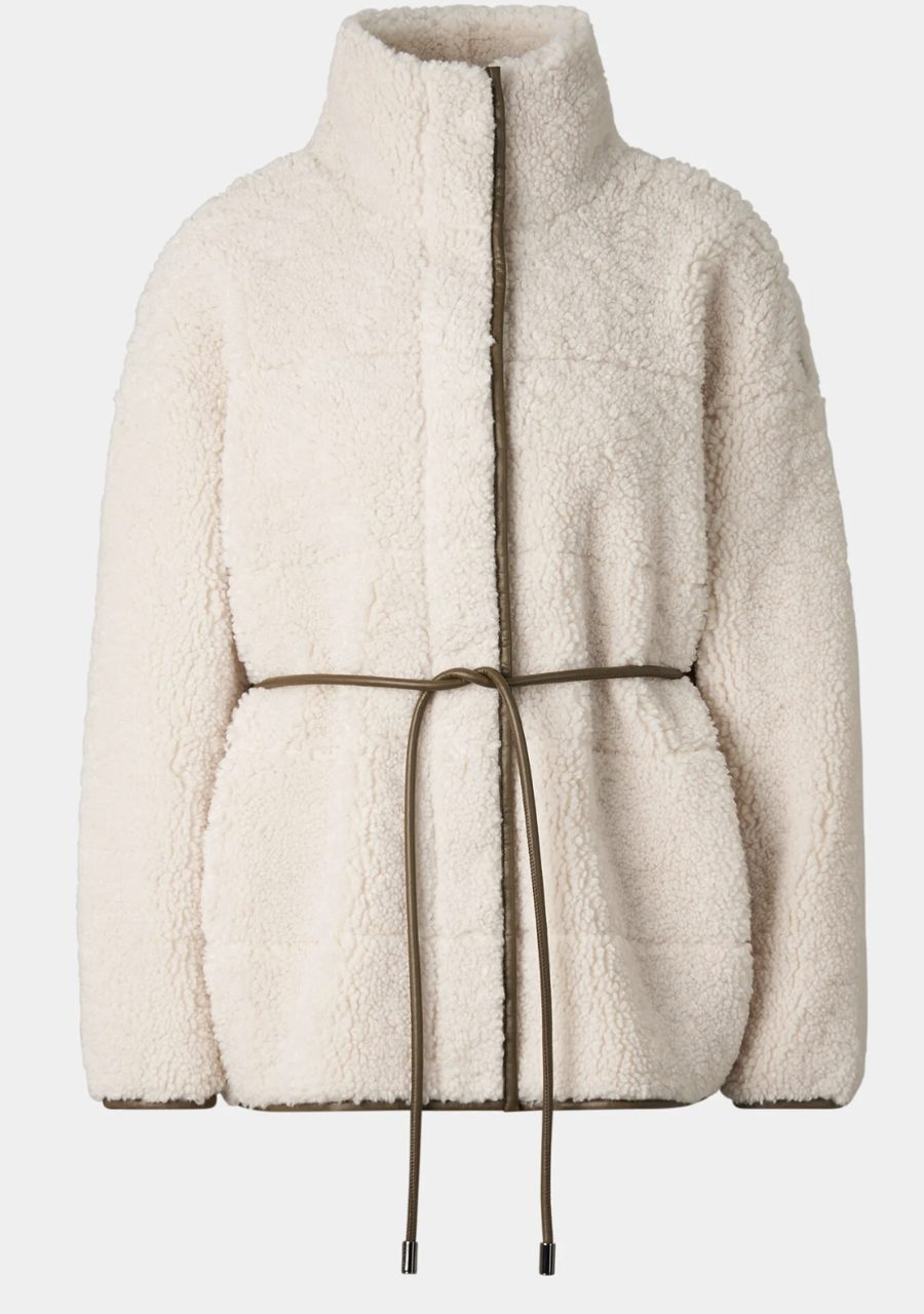 Veste teddy crème ceinturée à liseré kaki