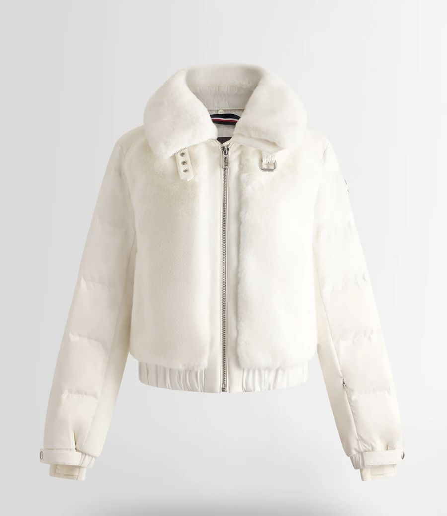 Blouson blanc à col douillet et empiècements duveteux