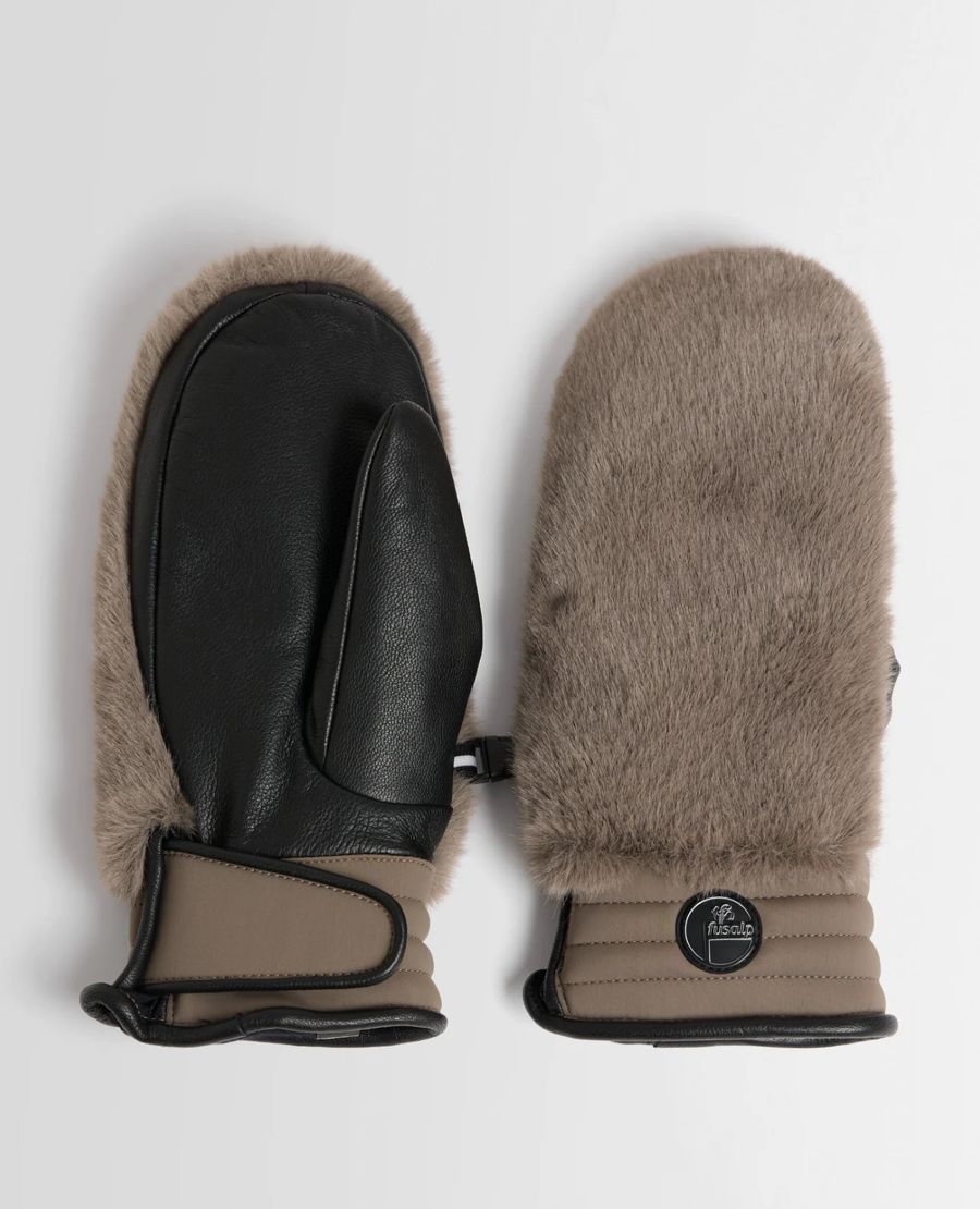 Moufles taupe en matière douillette et cuir noir