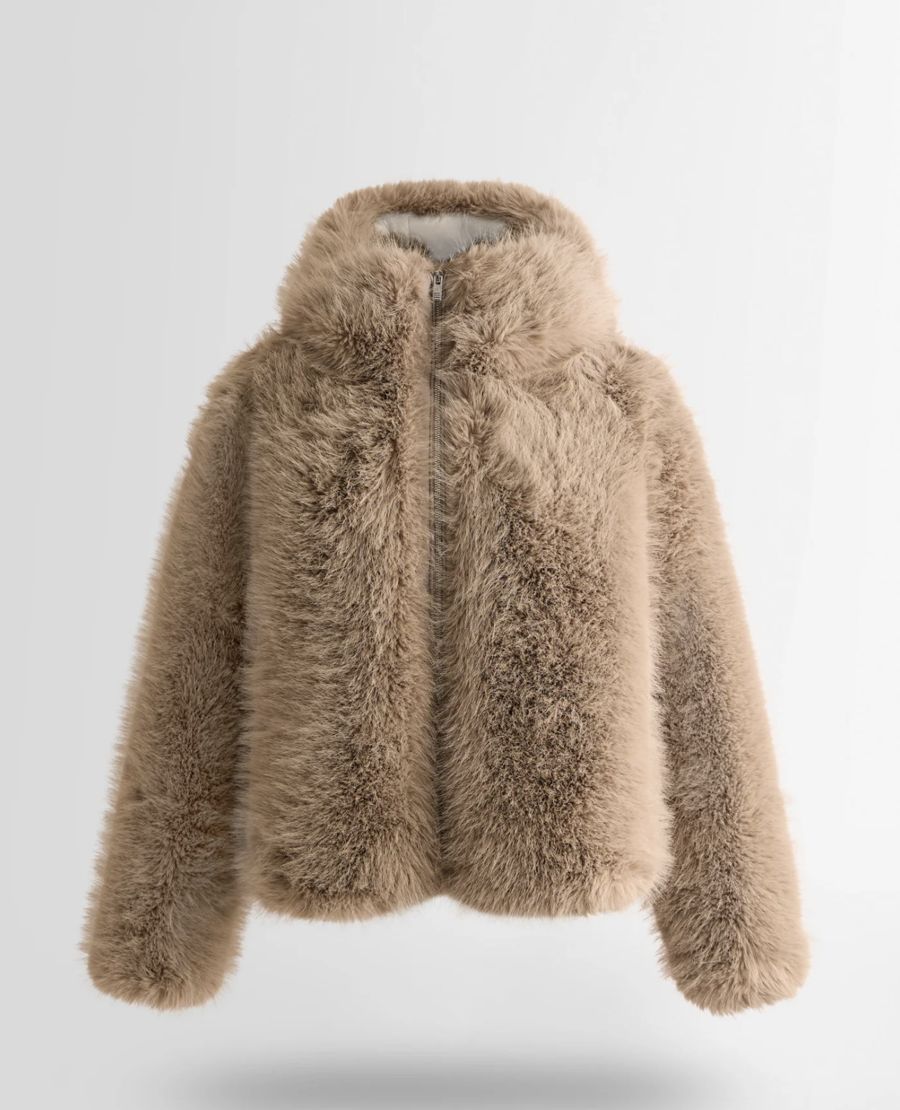Veste à poils longs beige à capuche