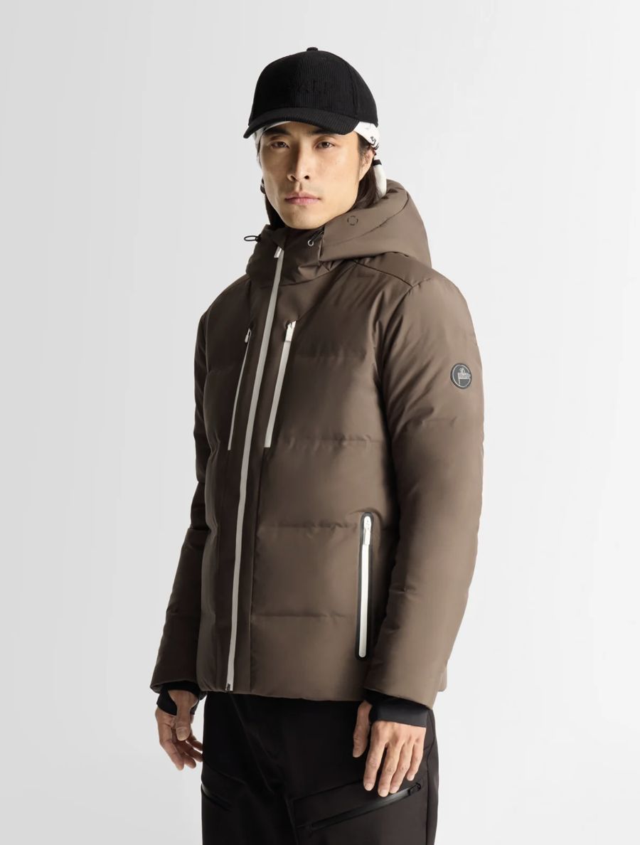 Doudoune taupe à capuche et zips contrastés