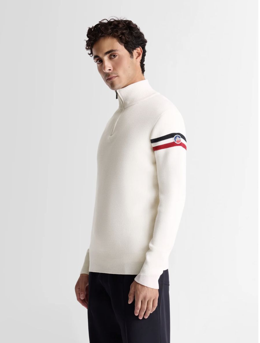 Pull col camionneur blanc à bandes marine et rouge sur la manche