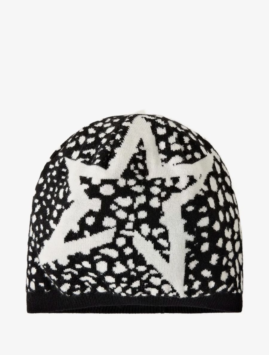 Bonnet en maille à grande étoile sur motif léopard des neiges