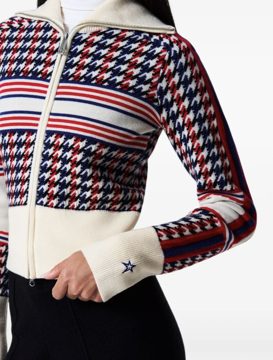 Gilet zippé en maille à motif pied-de-poule et rayures bleu, blanc, rouge