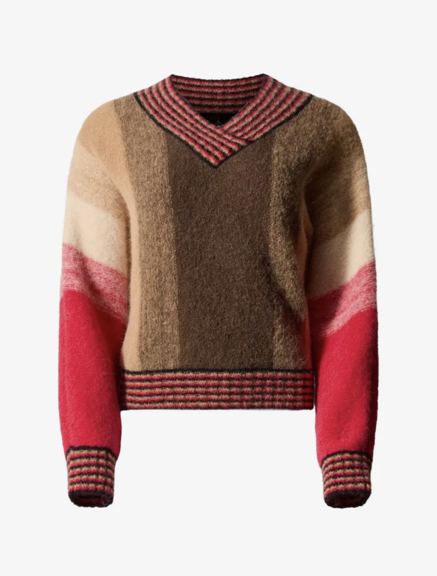 Pull col V en maille douce, dégradé camel, beige et rouge