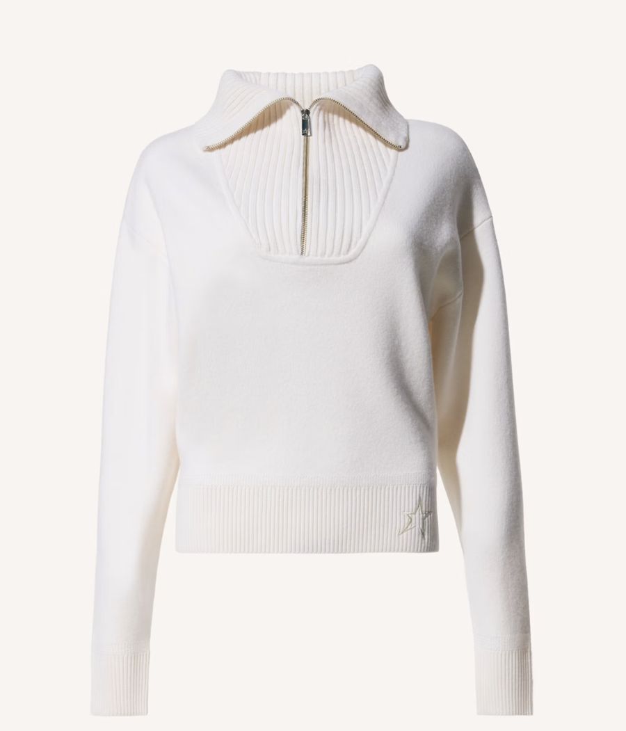 Pull écru à col zippé côtelé et étoile brodée